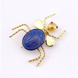 Vintage Gold Filled Bug Bee Brooch w Blue Onyx Scarab Body Red Eyes Very Unusual